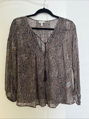 Joie Brown Multi-Print Long-Sleeve Peasant Blouse